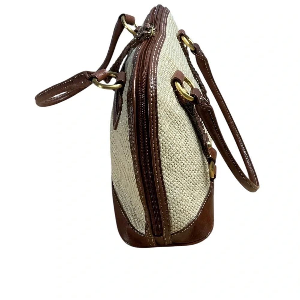Giani Bernini Off-White Straw Top Handle Brown Leather Accent Satchel Purse Bag
